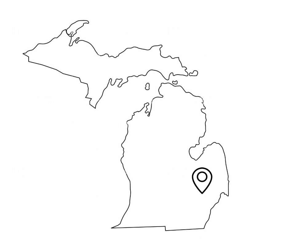 Map outline of Michigan with pin on Macomb